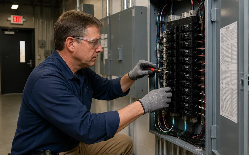 Electrician working on a commercial panelboard with the cover off, conduit runs and the panel schedule visible