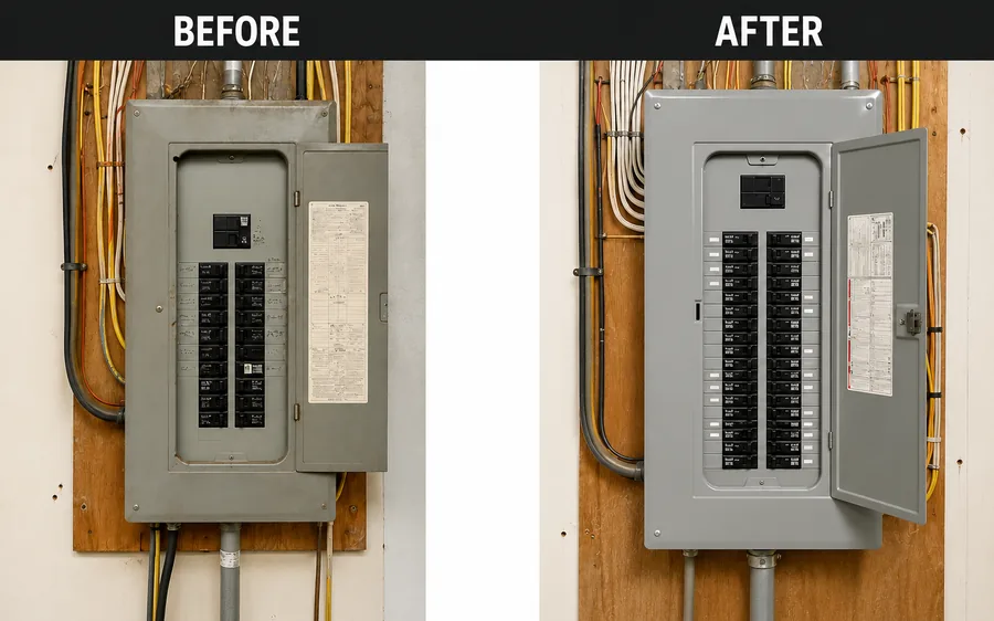 Before and after a panel upgrade: an aging load center on the left, a new panel with labelled breakers and a clean circuit directory on the right