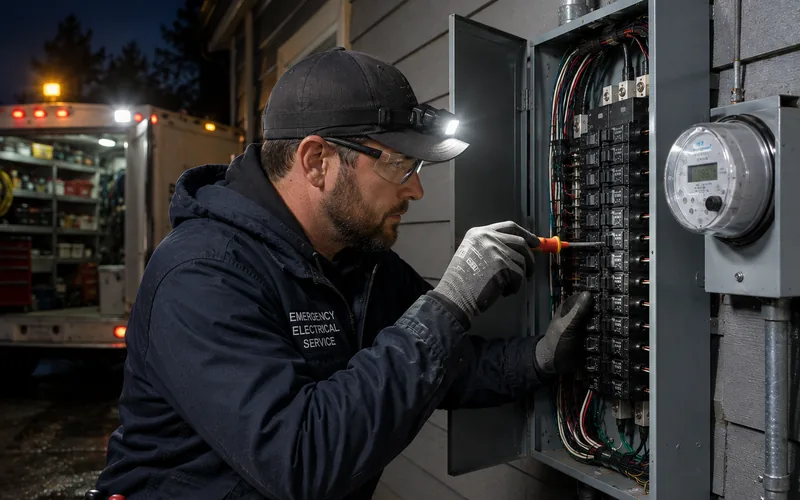 Electrician working by headlamp at an open service panel after dark, service van parked behind