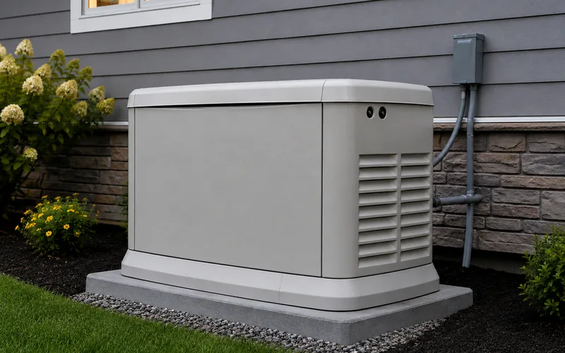 Standby generator on a concrete pad beside a house, with the transfer switch mounted on the wall behind it