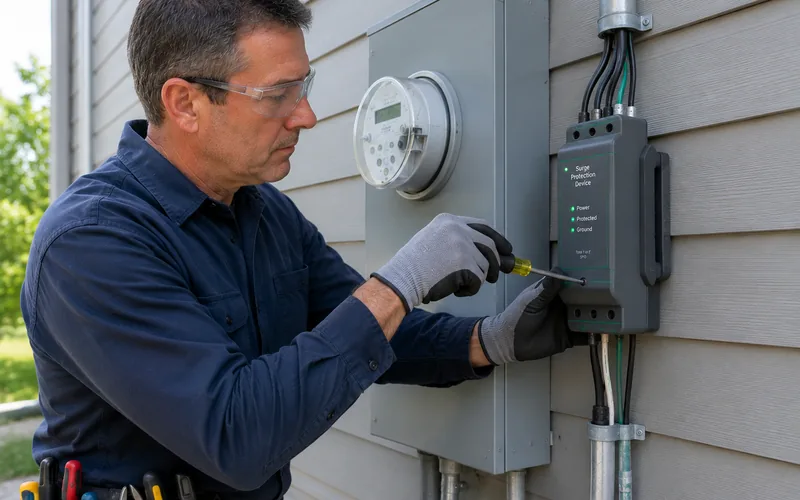 Electrician installing a surge protective device beside the meter and service panel on the exterior of a house